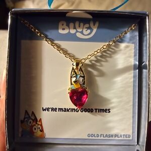 Adorable Bluey 18k Gold Flash Plated Necklace with Pink Heart Pendant.